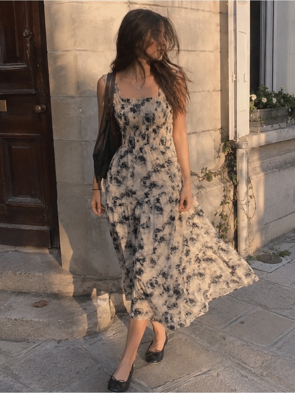 Floral Smocked Midi Dress Cream Black Romantic Cottagecore